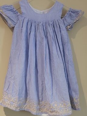 Aphorism Light Blue & White Pinstripe Dress with Yellow Hem Embroidery